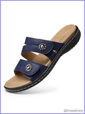 Women's Flat Slide Sandals with Arch Support Double Adjustable Strap Faux